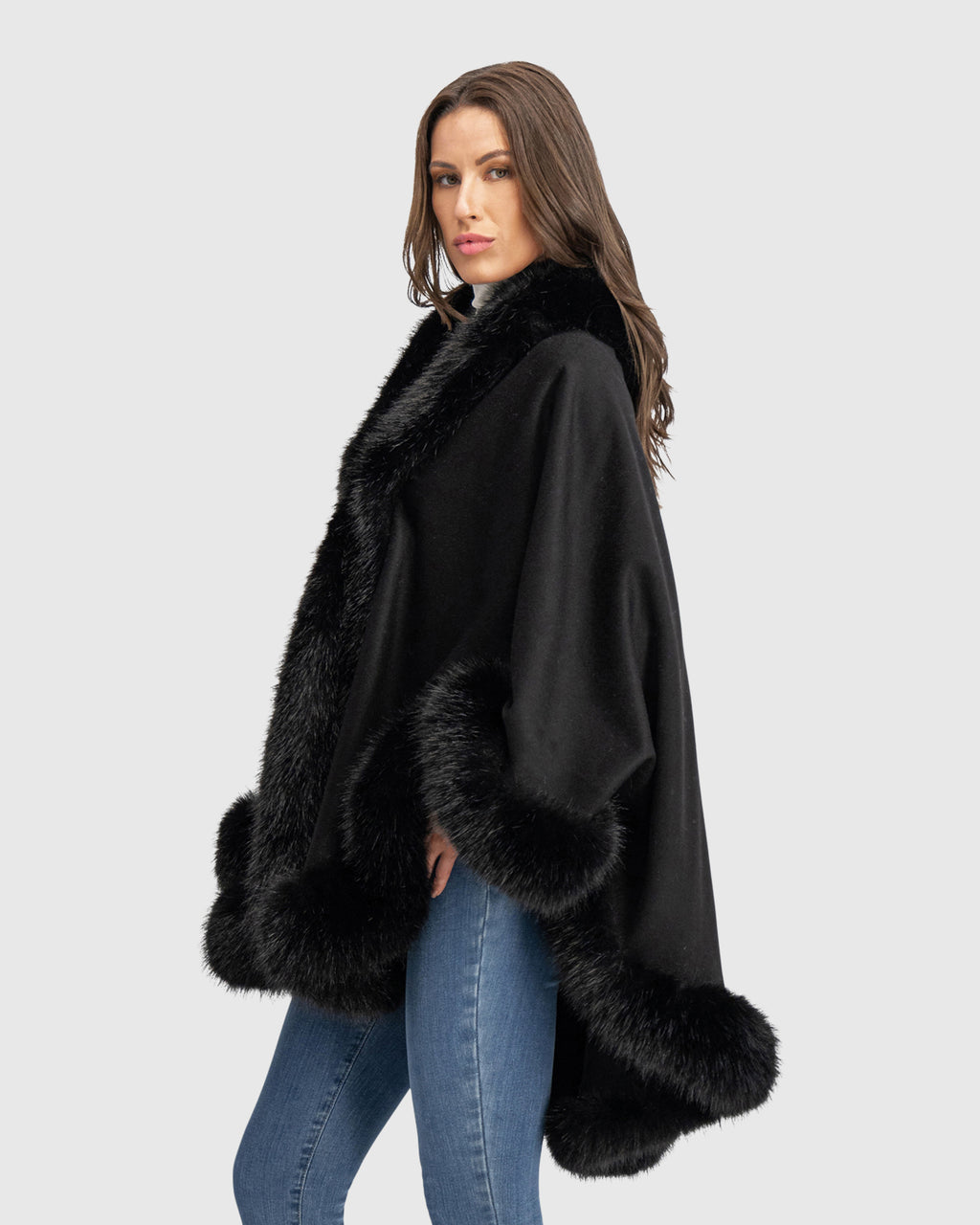 CASHMERE & WOOL BLEND CAPE WITH FUR-FREE FOX (FAUX FUR) TRIM