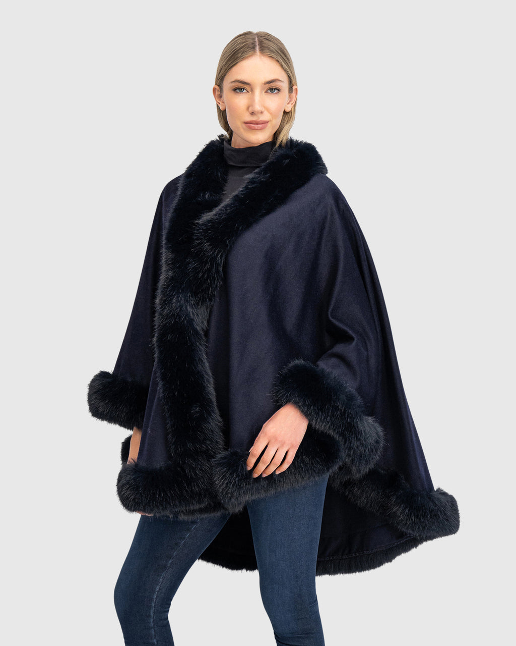 CASHMERE & WOOL BLEND CAPE WITH FUR-FREE FOX (FAUX FUR) TRIM