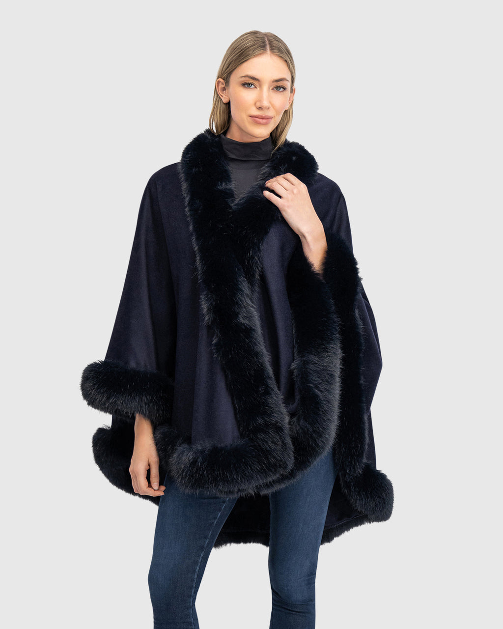 CASHMERE & WOOL BLEND CAPE WITH FUR-FREE FOX (FAUX FUR) TRIM