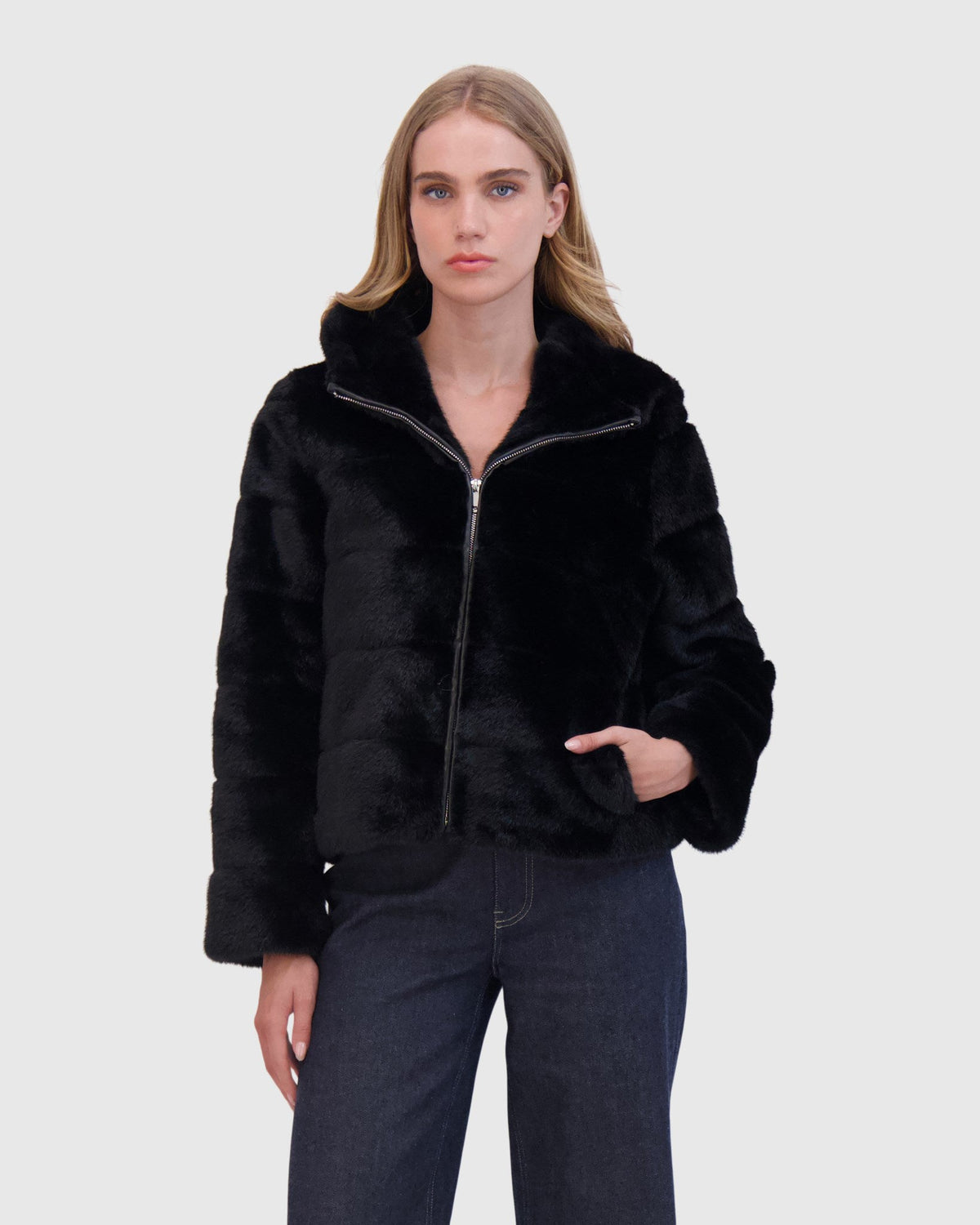 FUR-FREE MINK (FAUX FUR) HOODED JACKET - BLACK