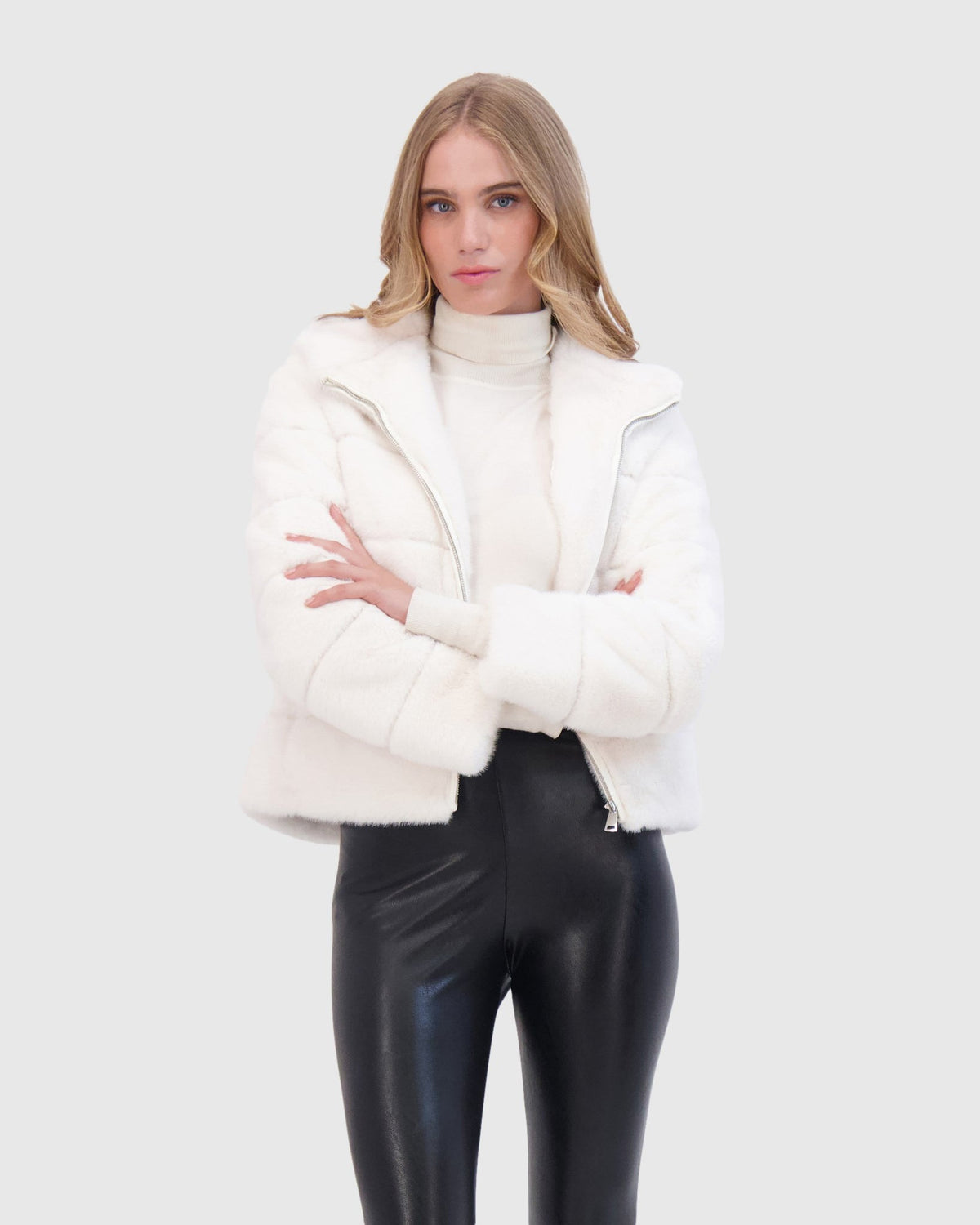 FUR-FREE MINK (FAUX FUR) HOODED JACKET - WHITE