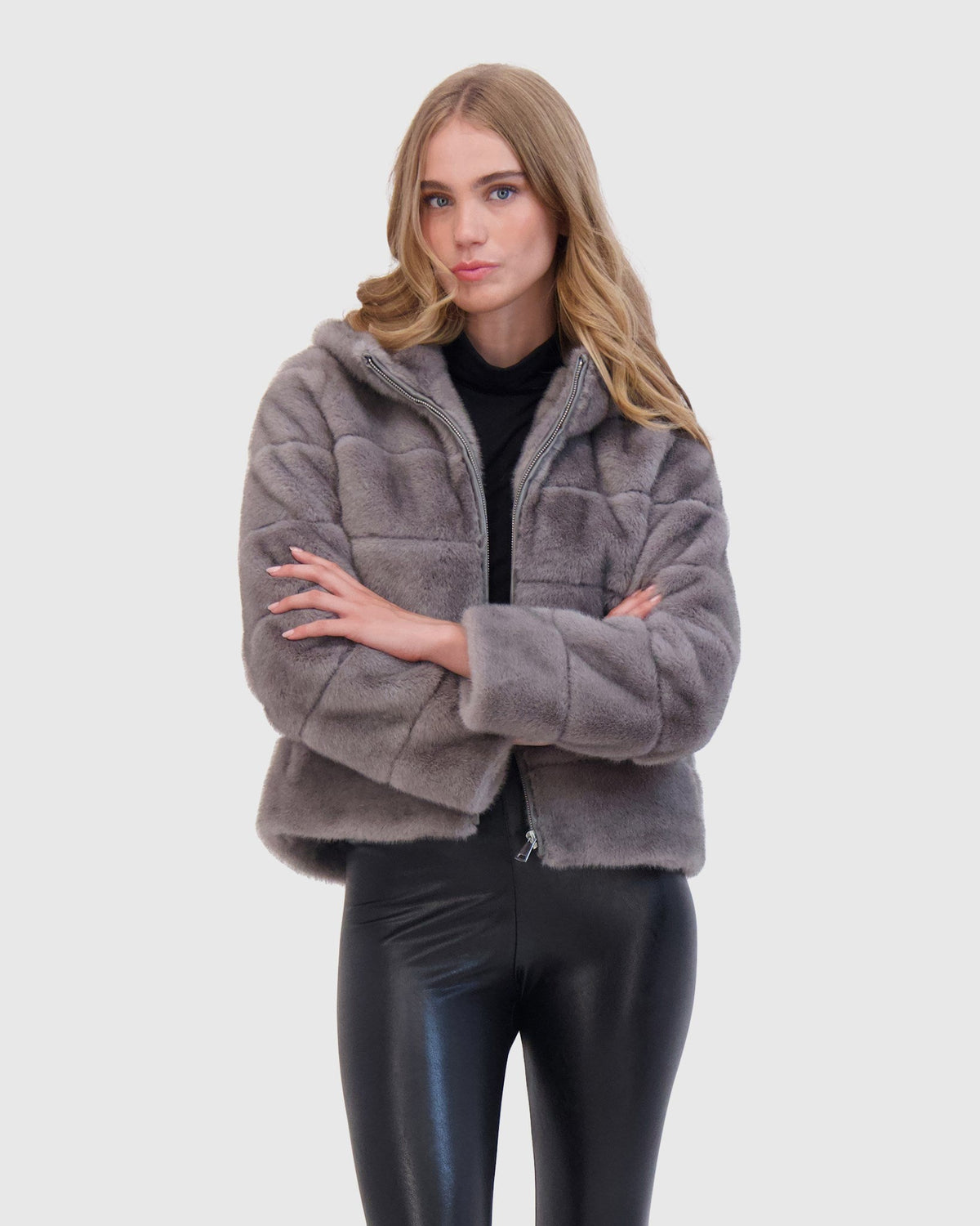 FUR-FREE MINK (FAUX FUR) HOODED JACKET - DARK GRAY