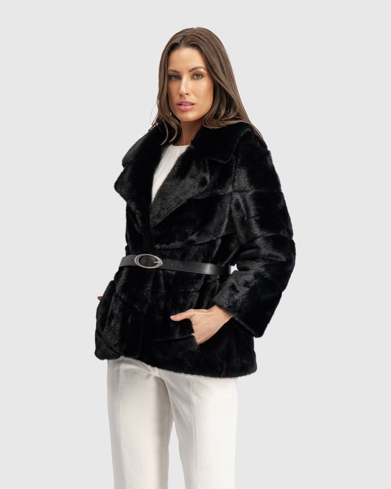 FUR-FREE MINK (FAUX FUR) JACKET, BELT