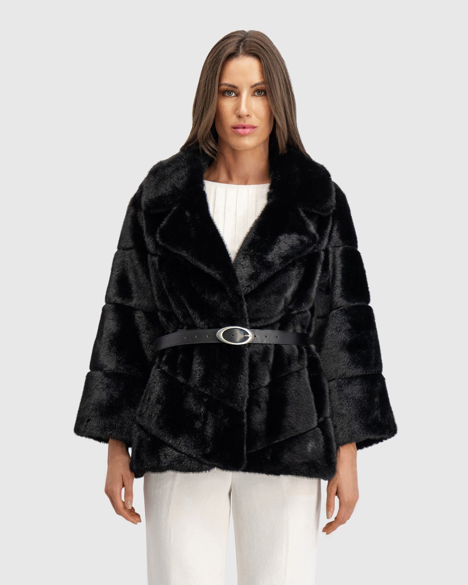 FUR-FREE MINK (FAUX FUR) JACKET, BELT