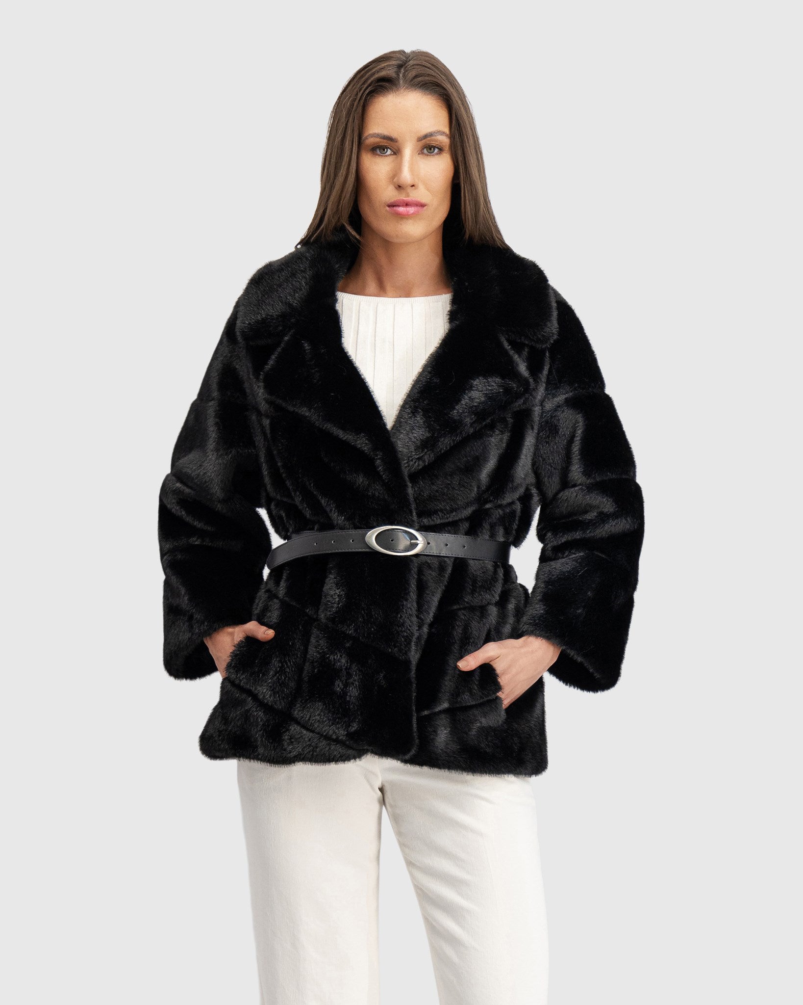 FUR-FREE MINK (FAUX FUR) JACKET, BELT