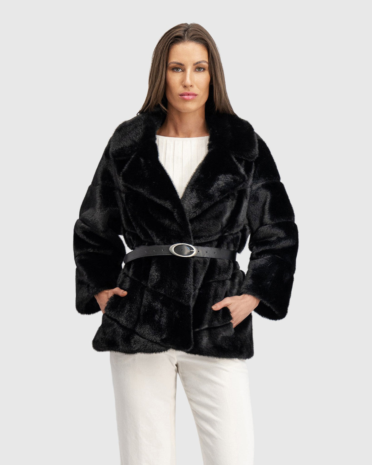 FUR-FREE MINK (FAUX FUR) JACKET, BELT - BLACK
