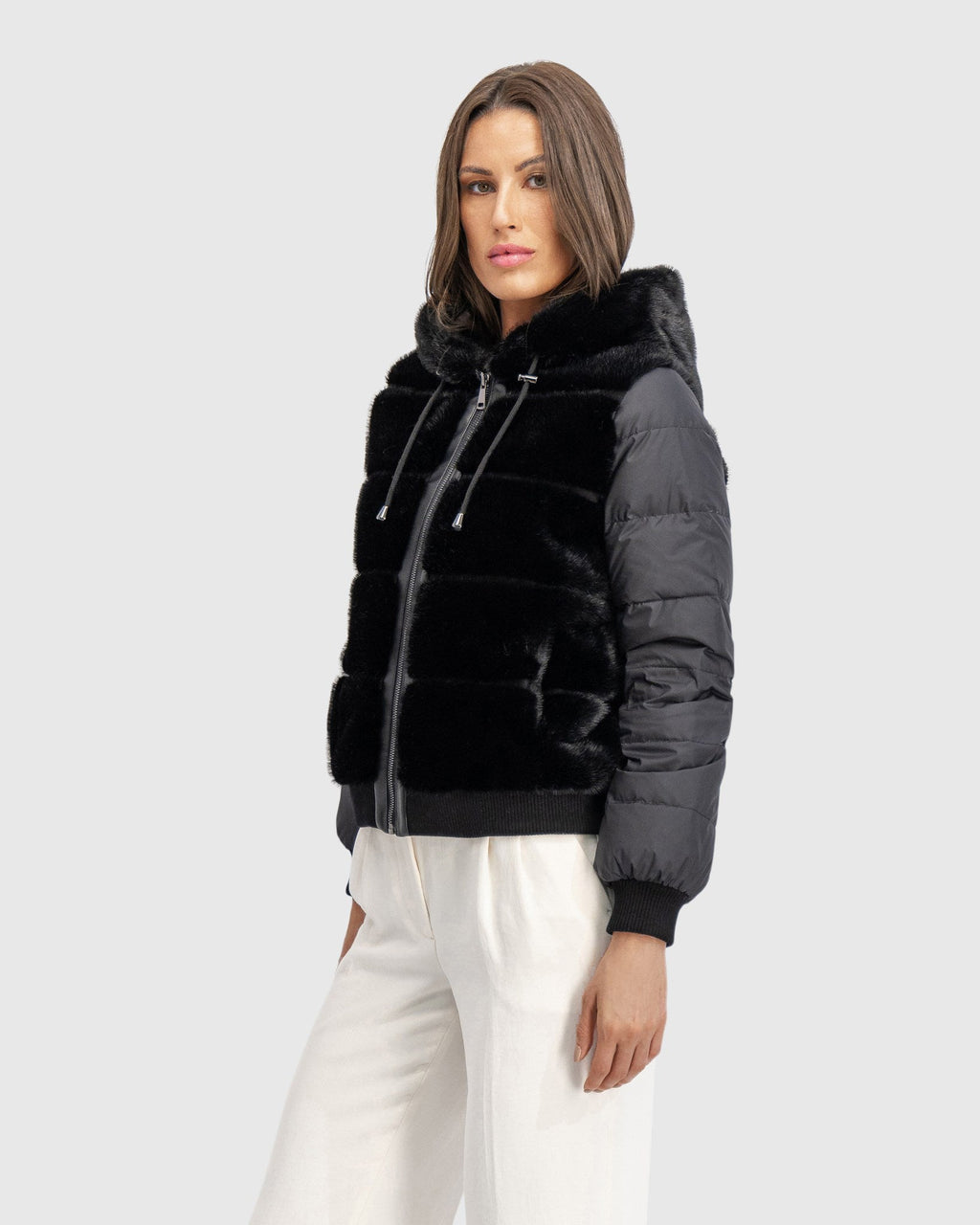 FUR-FREE MINK (FAUX FUR) JACKET WITH HOOD - BLACK/BLACK