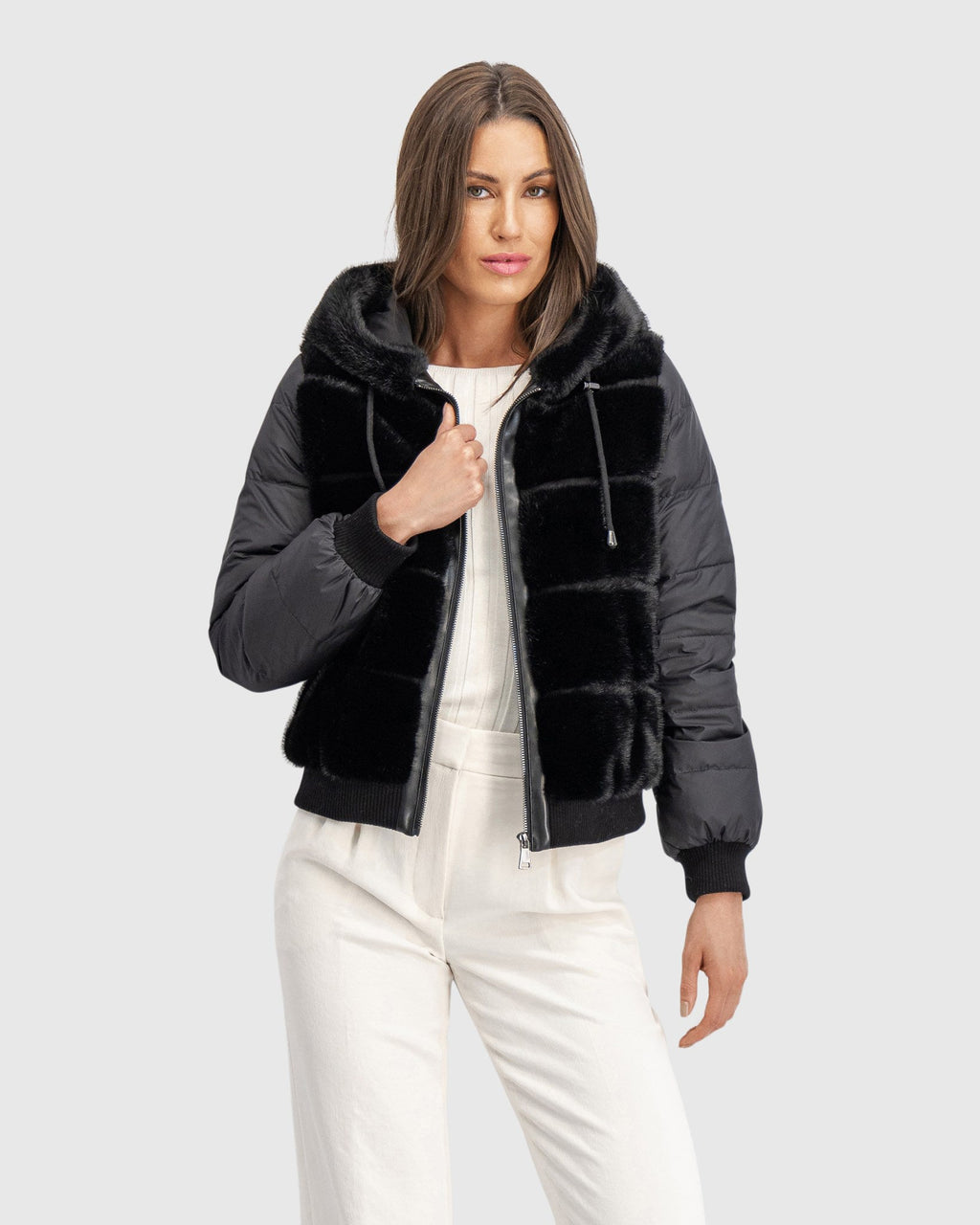 FUR-FREE MINK (FAUX FUR) JACKET WITH HOOD - BLACK/BLACK