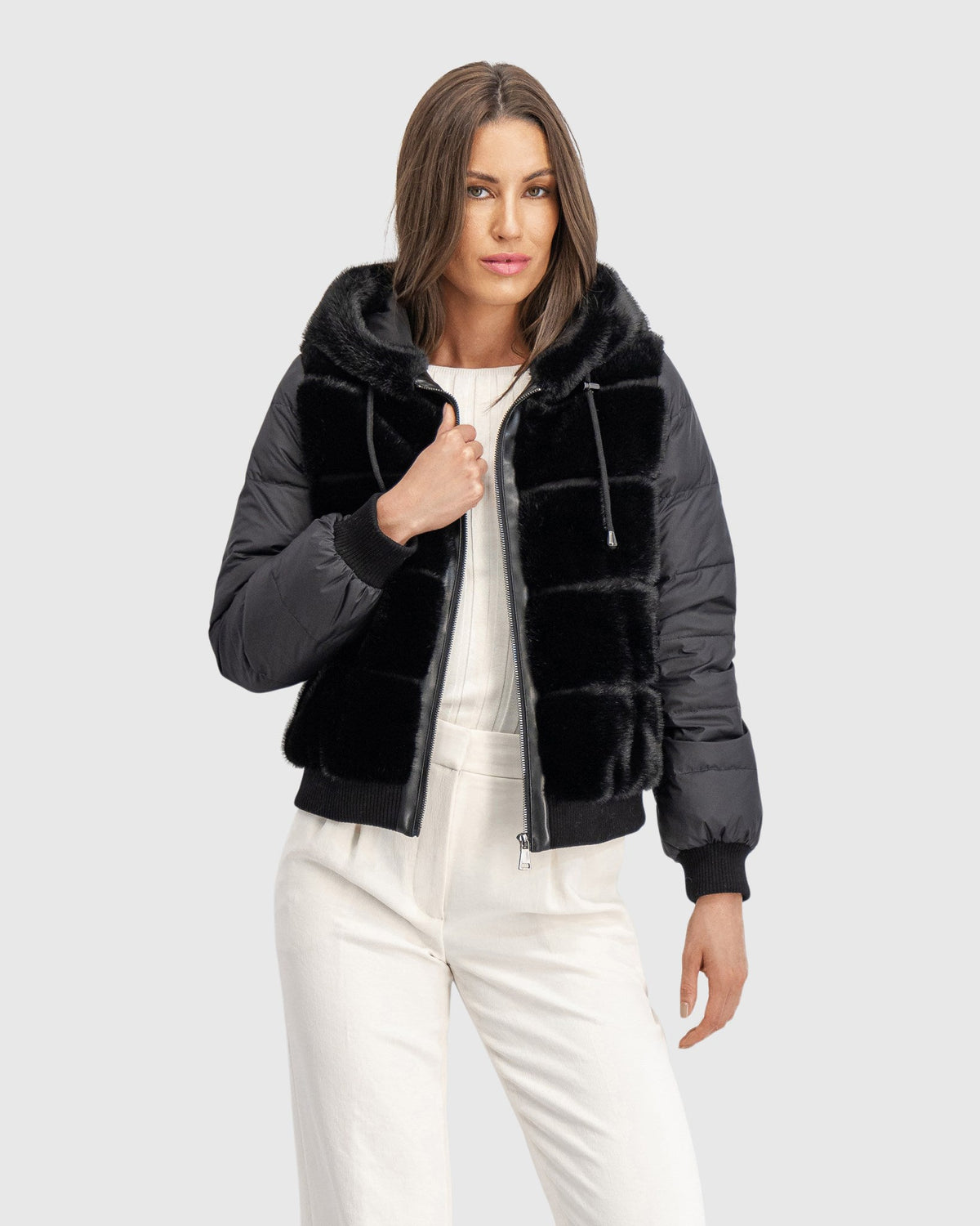 FUR-FREE MINK (FAUX FUR) JACKET WITH HOOD - BLACK/BLACK