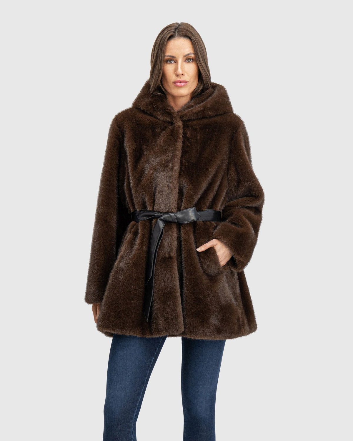 FUR-FREE MINK (FAUX FUR) PARKA, BELT - BROWN