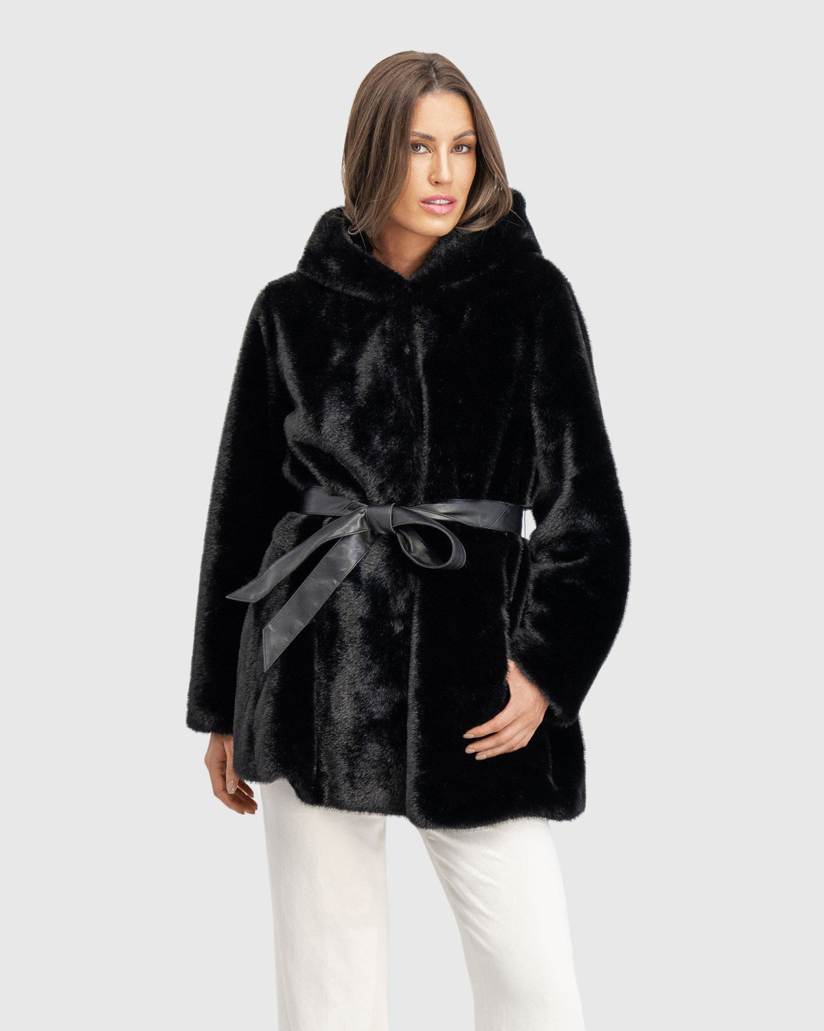 FUR-FREE MINK (FAUX FUR) PARKA, BELT - BLACK