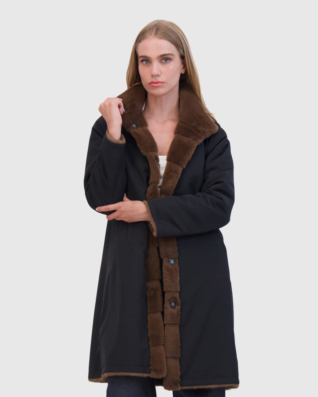 FUR-FREE MINK (FAUX FUR) REVERSIBLE SHORT COAT - BROWN/BLACK