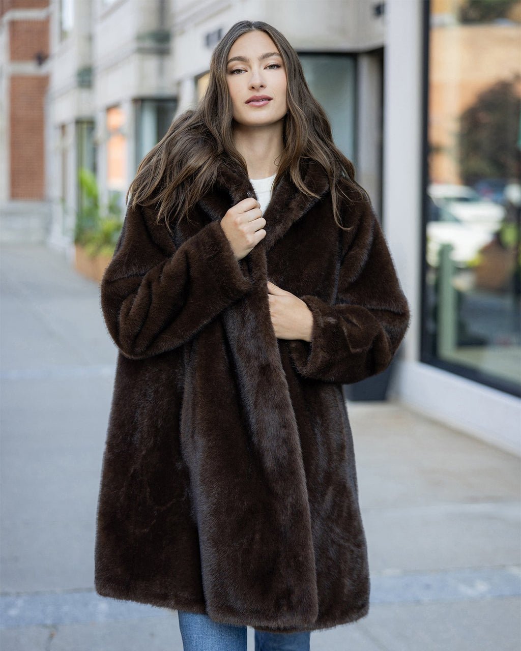 FUR-FREE MINK (FAUX FUR) REVERSIBLE PARKA - DARK BROWN/BLACK