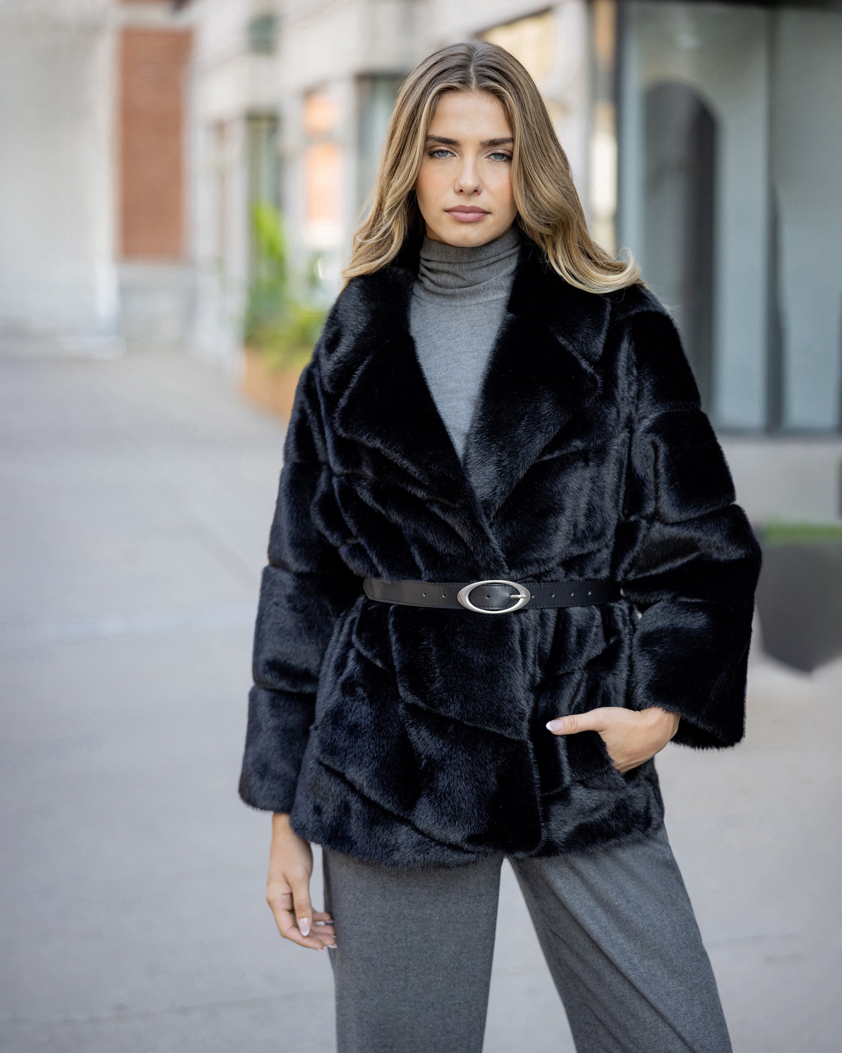 FUR-FREE MINK (FAUX FUR) JACKET, BELT