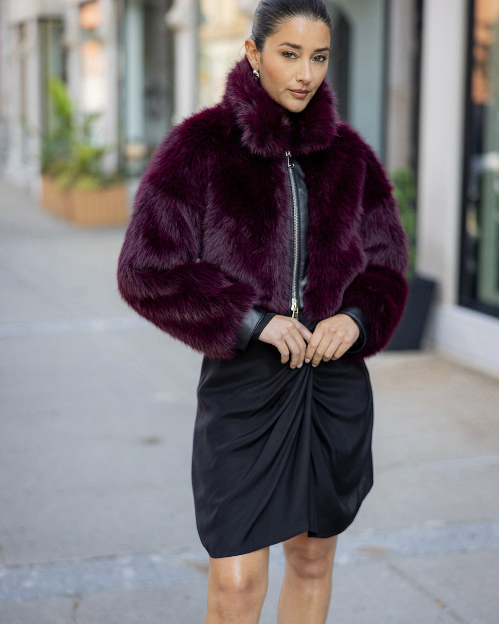 FUR-FREE FOX (FAUX FUR) ZIP BOLERO - WINE/BLACK