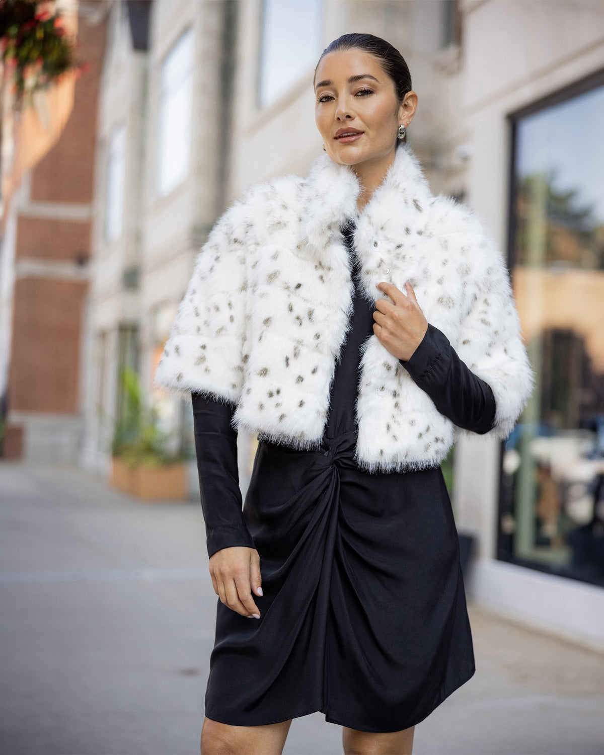 FUR-FREE FOX (FAUX FUR) BOLERO - WHITE/BLACK SPOTTED
