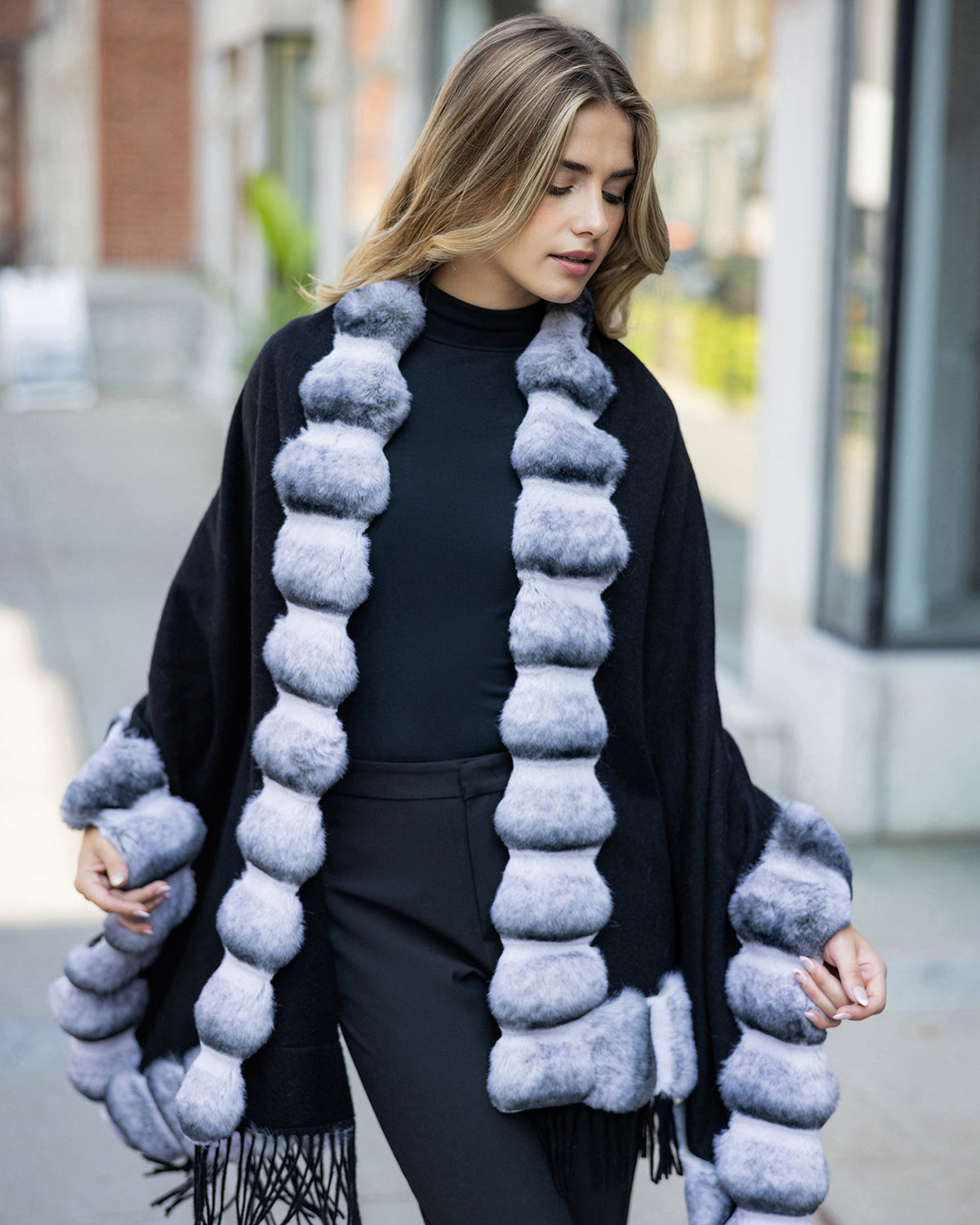 CASHMERE & WOOL BLEND CAPE WITH FUR-FREE CHINCHILLA (FAUX FUR) TRIM) - BLACK/GRAY CHINCH