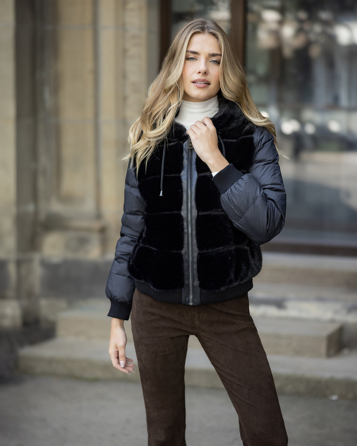 FUR-FREE MINK (FAUX FUR) JACKET WITH HOOD - BLACK/BLACK