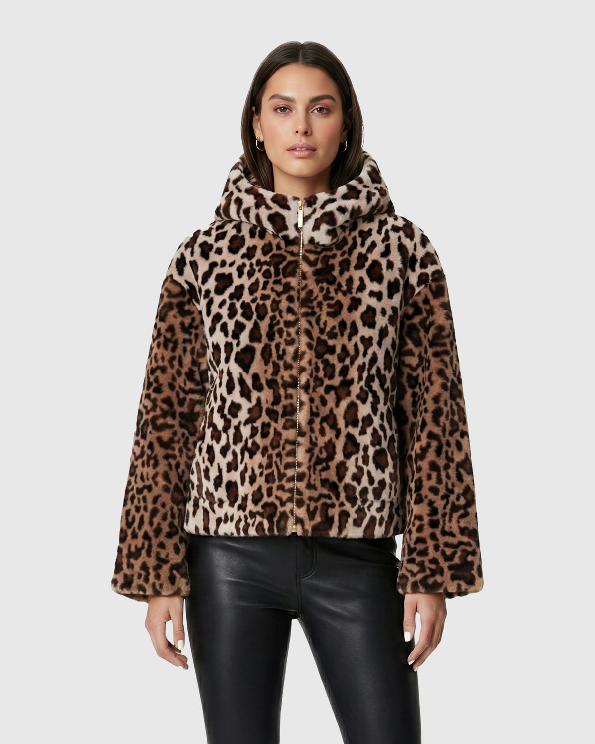 FUR-FREE SHEARED MINK (FAUX FUR) JACKET, HOOD - BROWN LPRD/BROWN