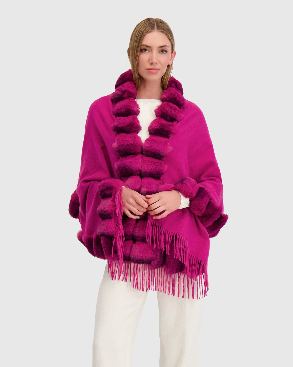 CAPE WITH FUR FREE CHINCHILA-LIKE TRIM - FUSCHIA/FUSCHIA CHINCH