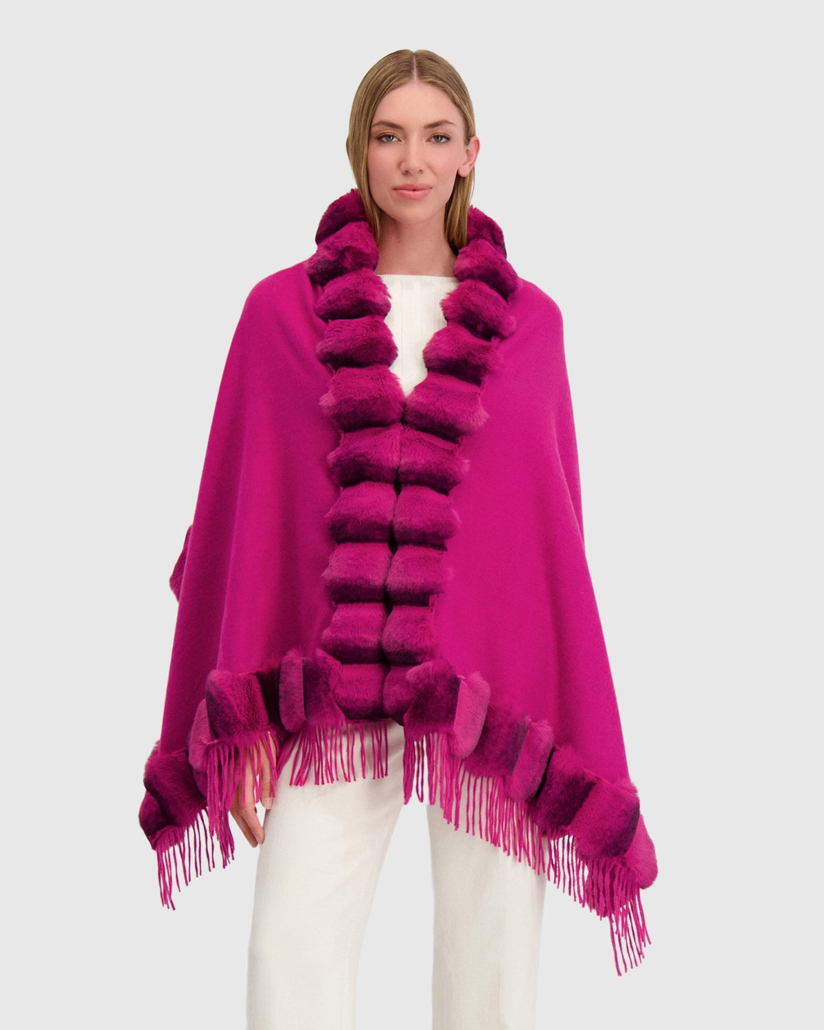 CAPE WITH FUR FREE CHINCHILA-LIKE TRIM - FUSCHIA/FUSCHIA CHINCH