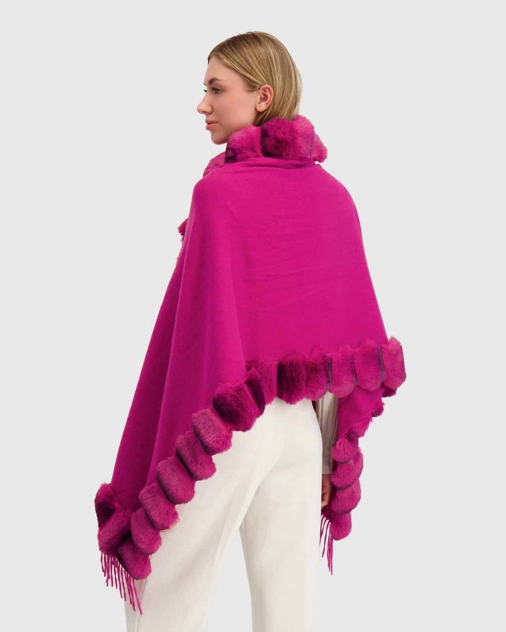 CAPE WITH FUR FREE CHINCHILA-LIKE TRIM - FUSCHIA/FUSCHIA CHINCH