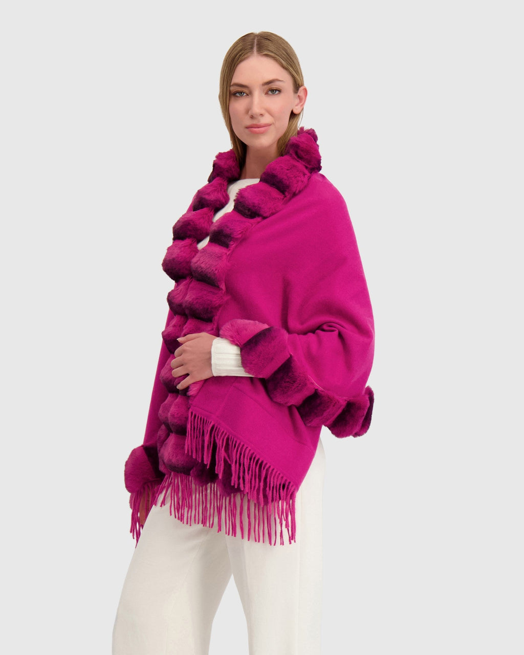 CAPE WITH FUR FREE CHINCHILA-LIKE TRIM - FUSCHIA/FUSCHIA CHINCH