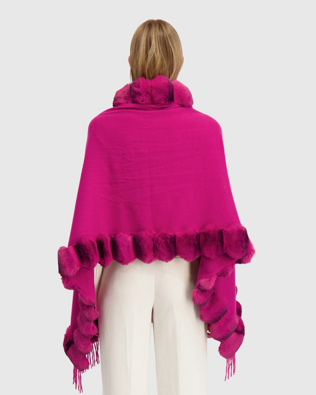 CAPE WITH FUR FREE CHINCHILA-LIKE TRIM - FUSCHIA/FUSCHIA CHINCH