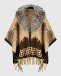 CAPE WITH FUR-FREE FOX (PL) COLLAR - BROWN PRINT/BROWN SNOWTOP