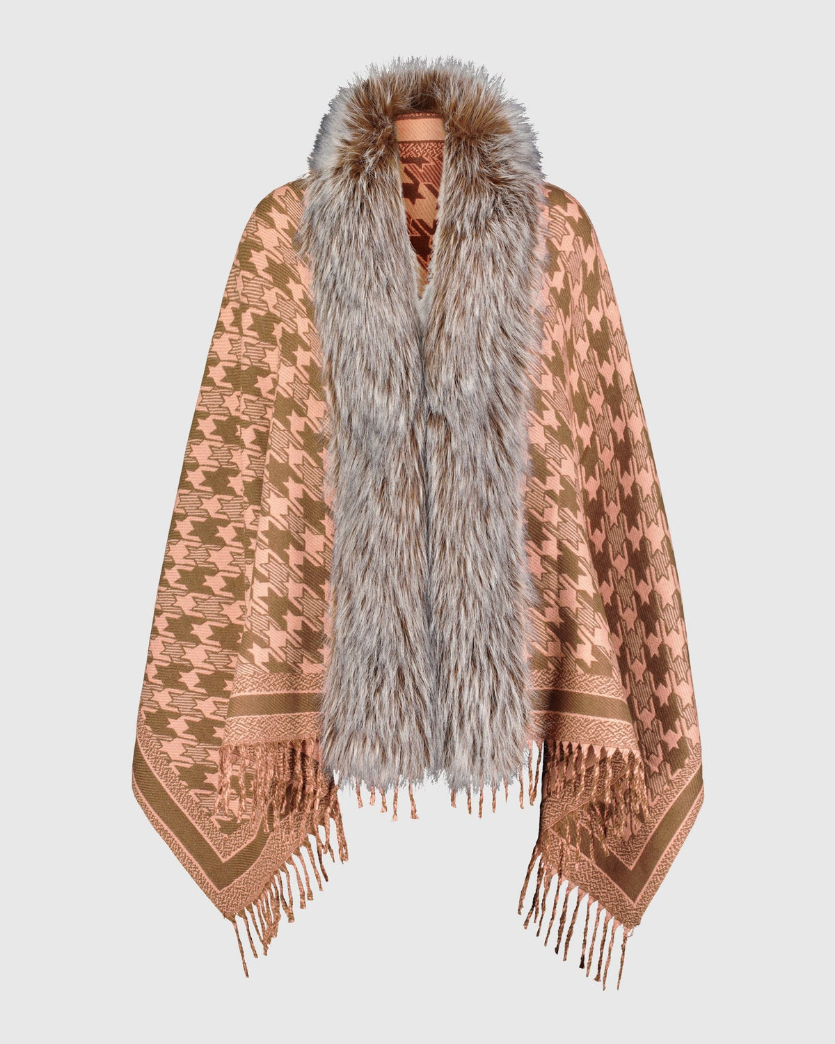 CAPE WITH FUR-FREE FOX (PL) TRIM - PINK CAMEL/BROWN TWO TONE