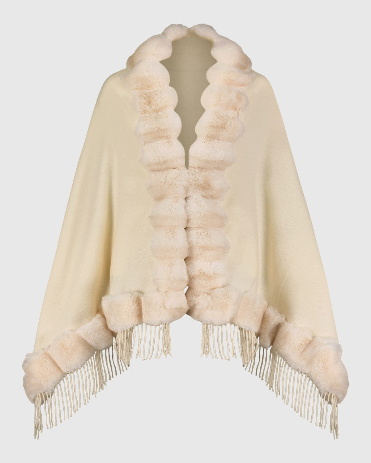 CAPE WITH FUR FREE CHINCHILA-LIKE TRIM - CREAM/CREAM CHINCH