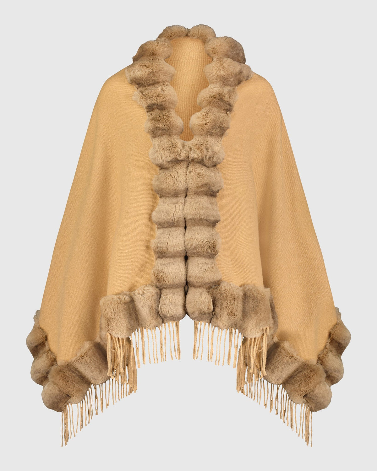 CAPE WITH FUR FREE CHINCHILA-LIKE TRIM - CAMEL/CAMEL CHINCH