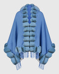 CAPE WITH FUR FREE CHINCHILA-LIKE TRIM - BLUE/BLUE CHINCH
