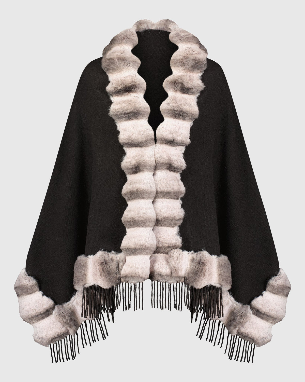 CASHMERE & WOOL BLEND CAPE WITH FUR-FREE CHINCHILLA (FAUX FUR) TRIM) - BLACK/GRAY CHINCH