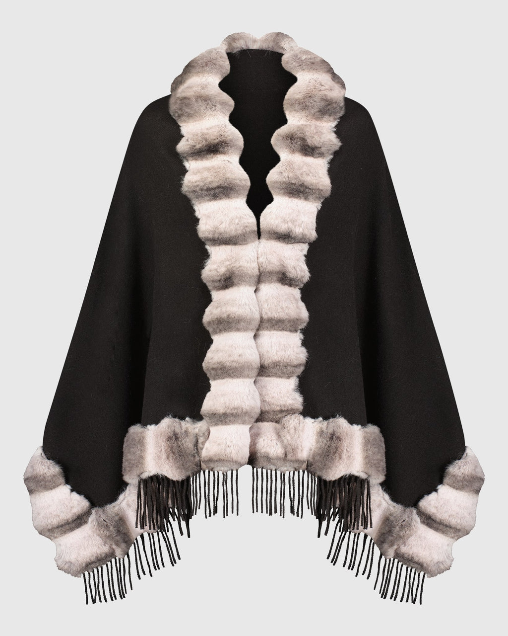 CASHMERE & WOOL BLEND CAPE WITH FUR-FREE CHINCHILLA (FAUX FUR) TRIM)