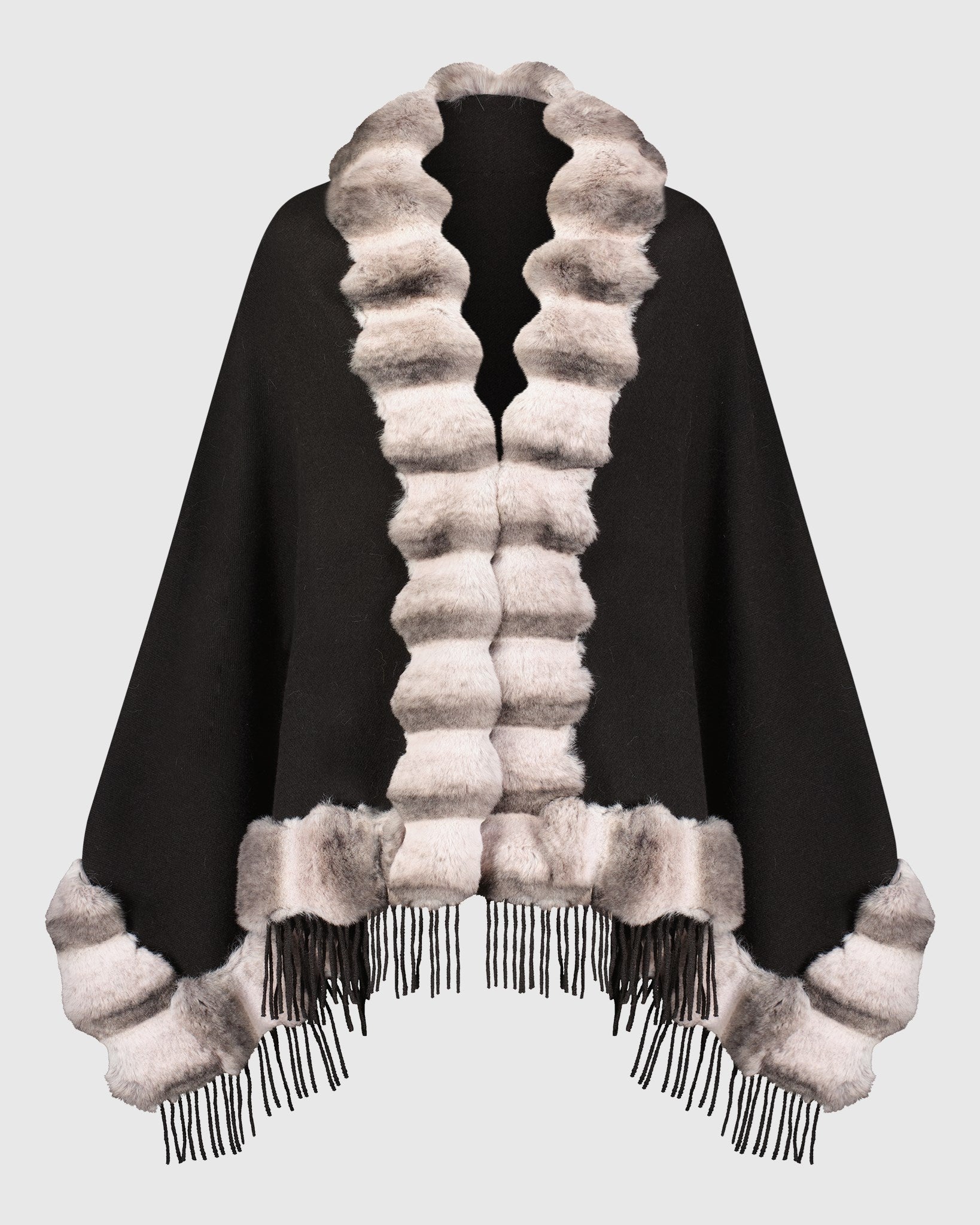 CASHMERE & WOOL BLEND CAPE WITH FUR-FREE CHINCHILLA (FAUX FUR) TRIM)