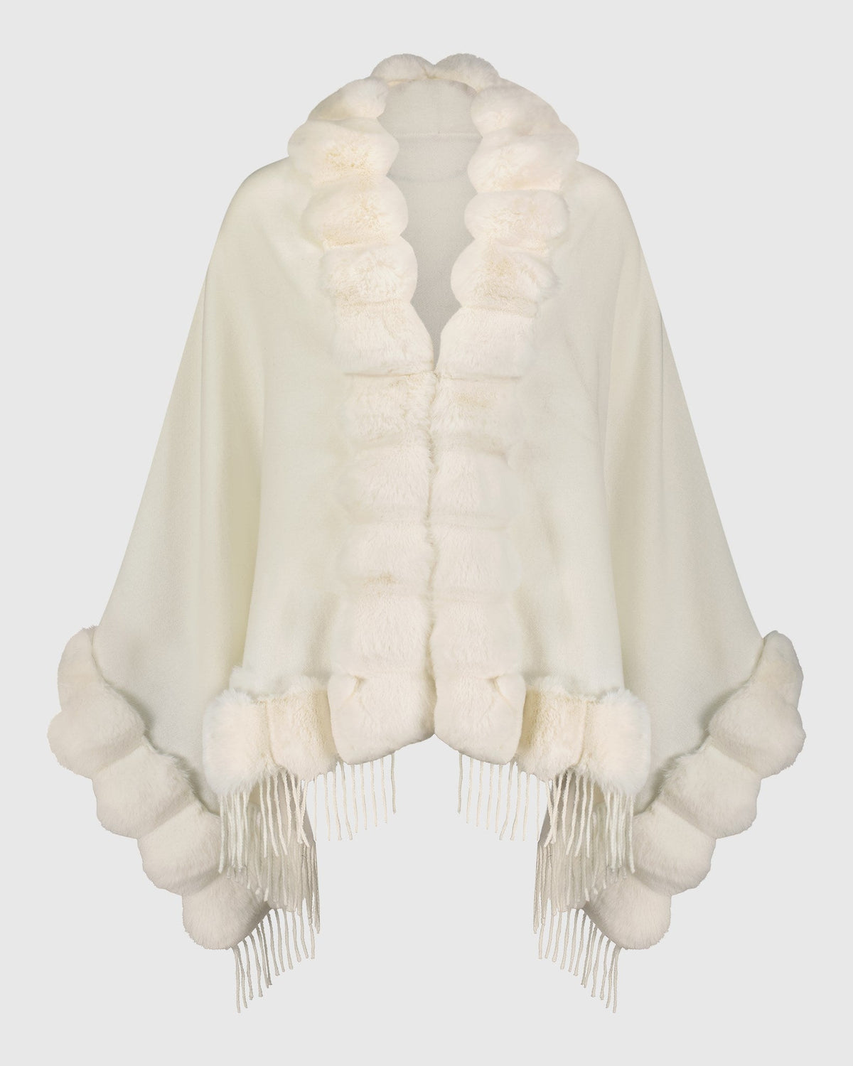 CASHMERE & WOOL BLEND CAPE WITH FUR-FREE CHINCHILLA (FAUX FUR) TRIM) - WHITE/WHITE CHINCH