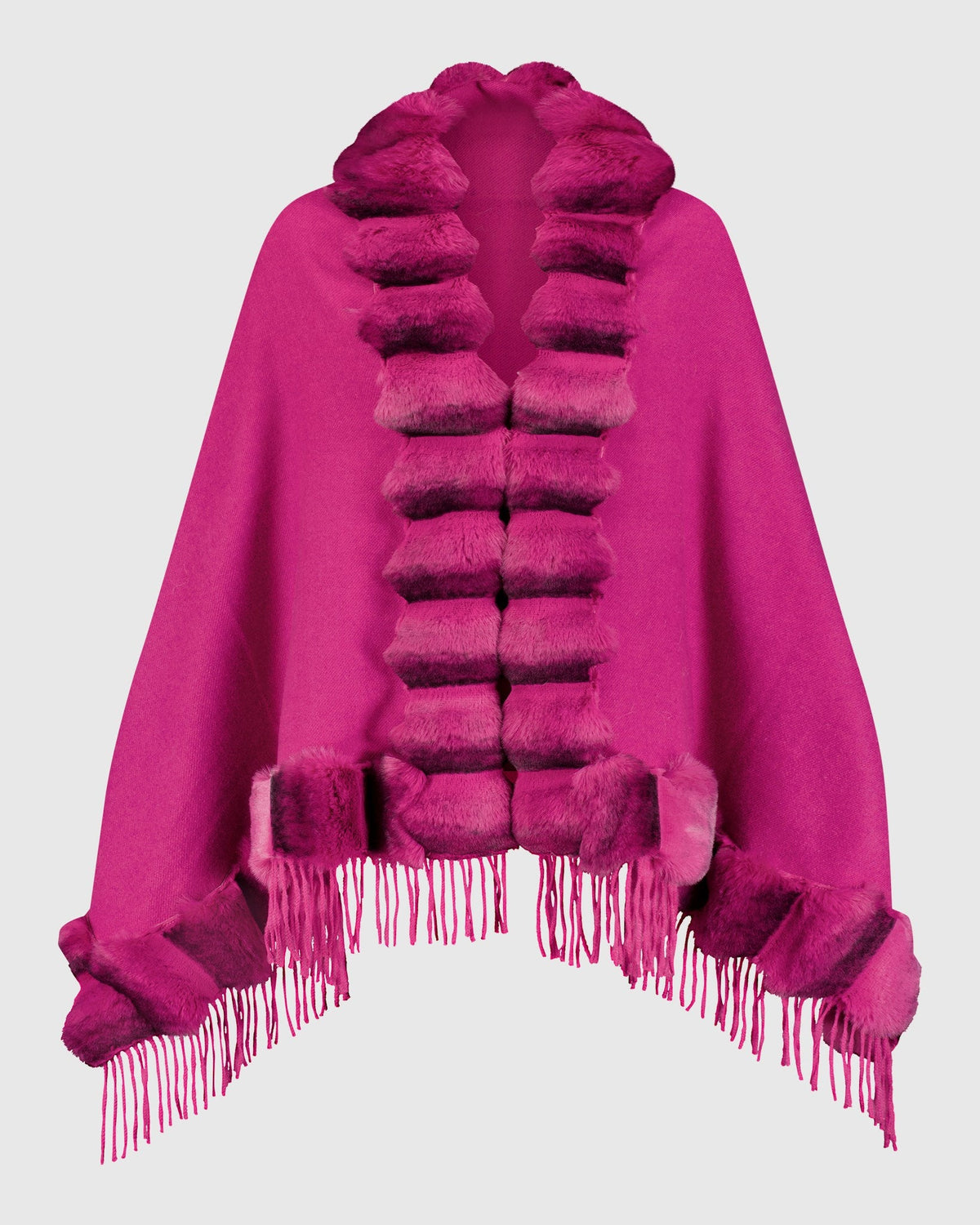CASHMERE & WOOL BLEND CAPE WITH FUR-FREE CHINCHILLA (FAUX FUR) TRIM) - FUSCHIA/FUSCHIA CHINCH