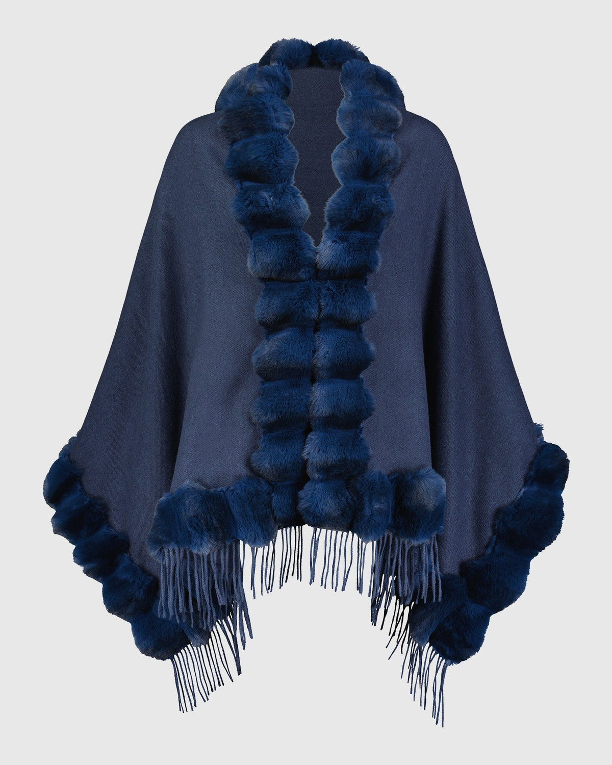 CASHMERE & WOOL BLEND CAPE WITH FUR-FREE CHINCHILLA (FAUX FUR) TRIM) - NAVY/NAVY CHINCH