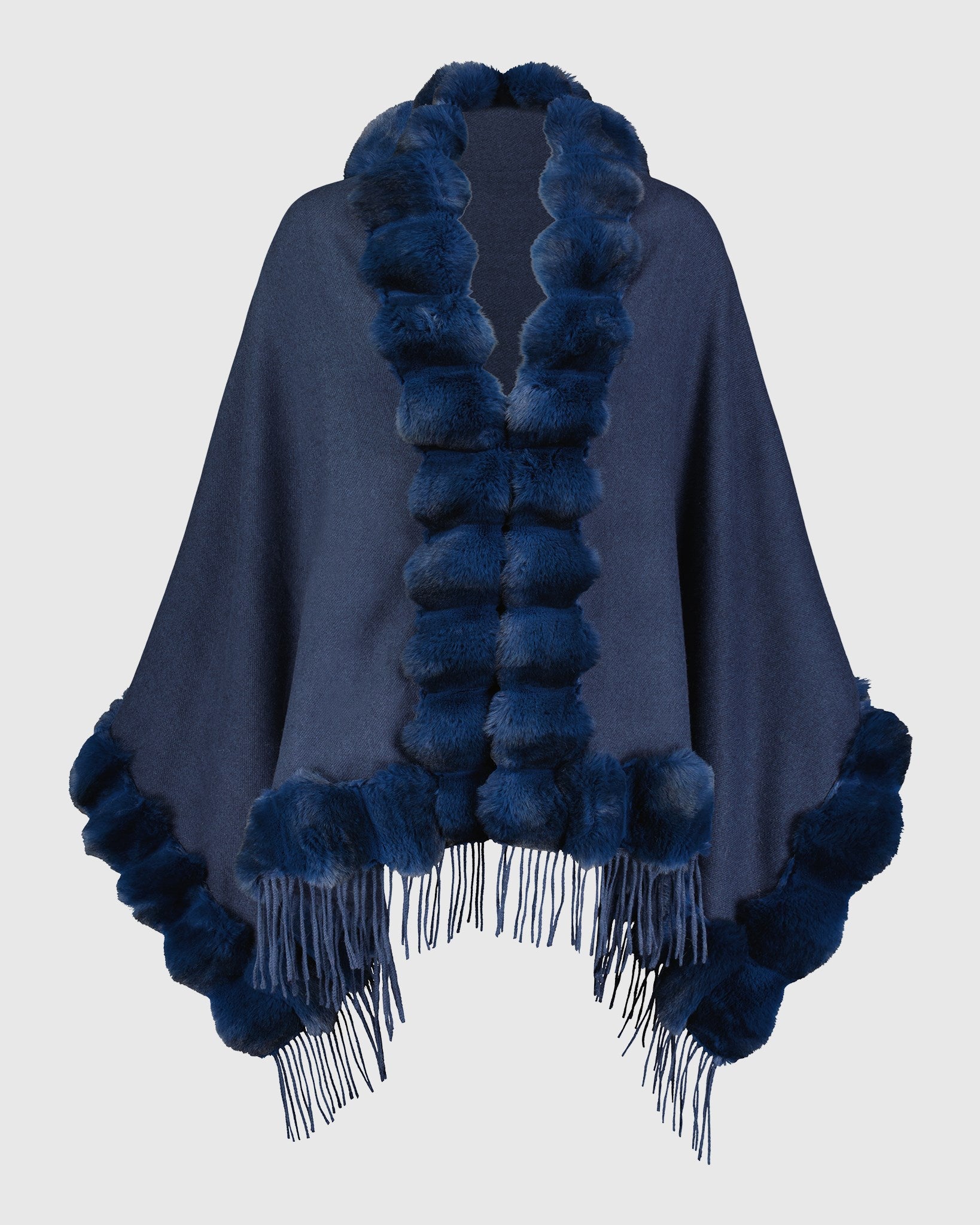 CASHMERE & WOOL BLEND CAPE WITH FUR-FREE CHINCHILLA (FAUX FUR) TRIM)