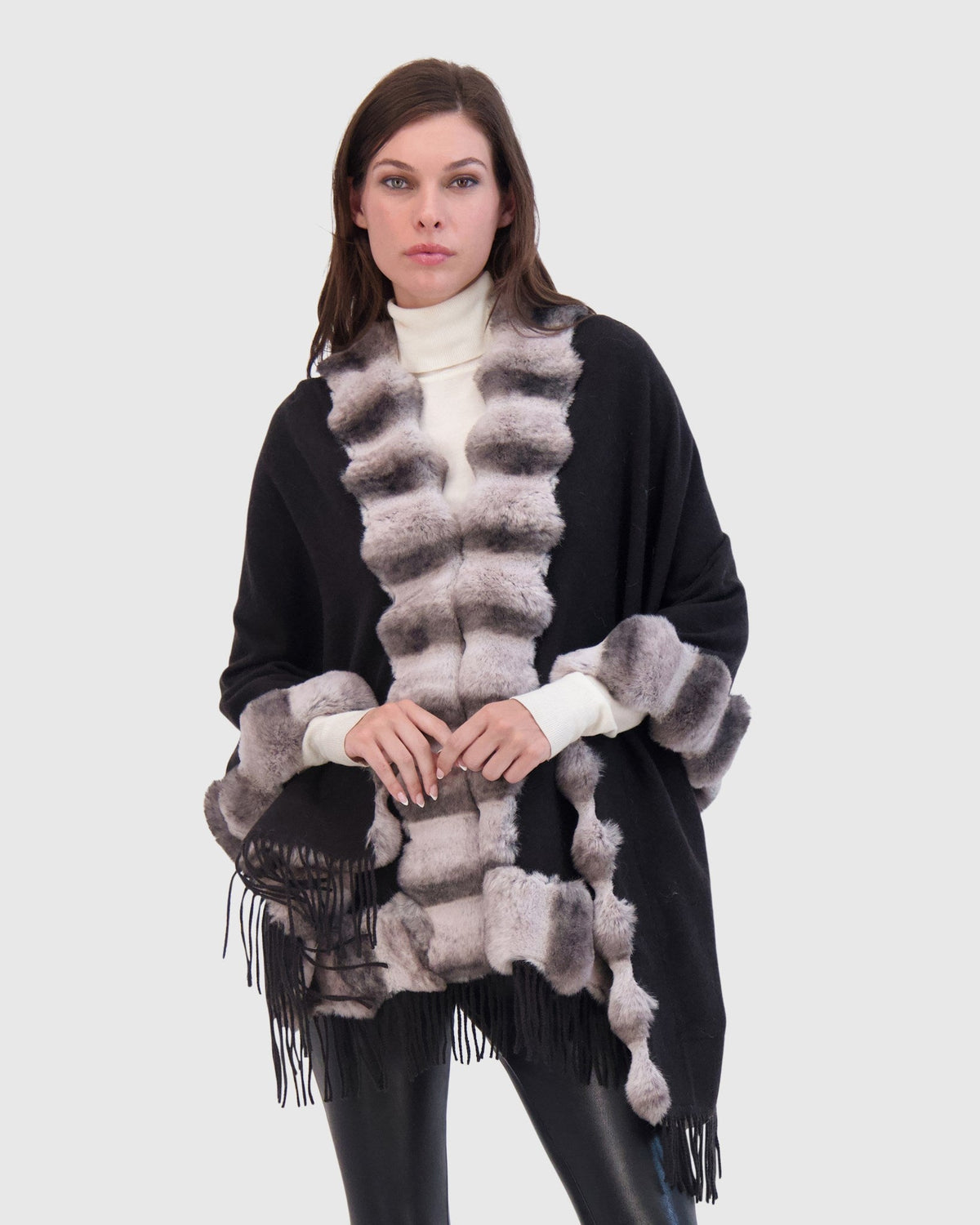 CASHMERE & WOOL BLEND CAPE WITH FUR-FREE CHINCHILLA (FAUX FUR) TRIM) - BLACK/GRAY CHINCH