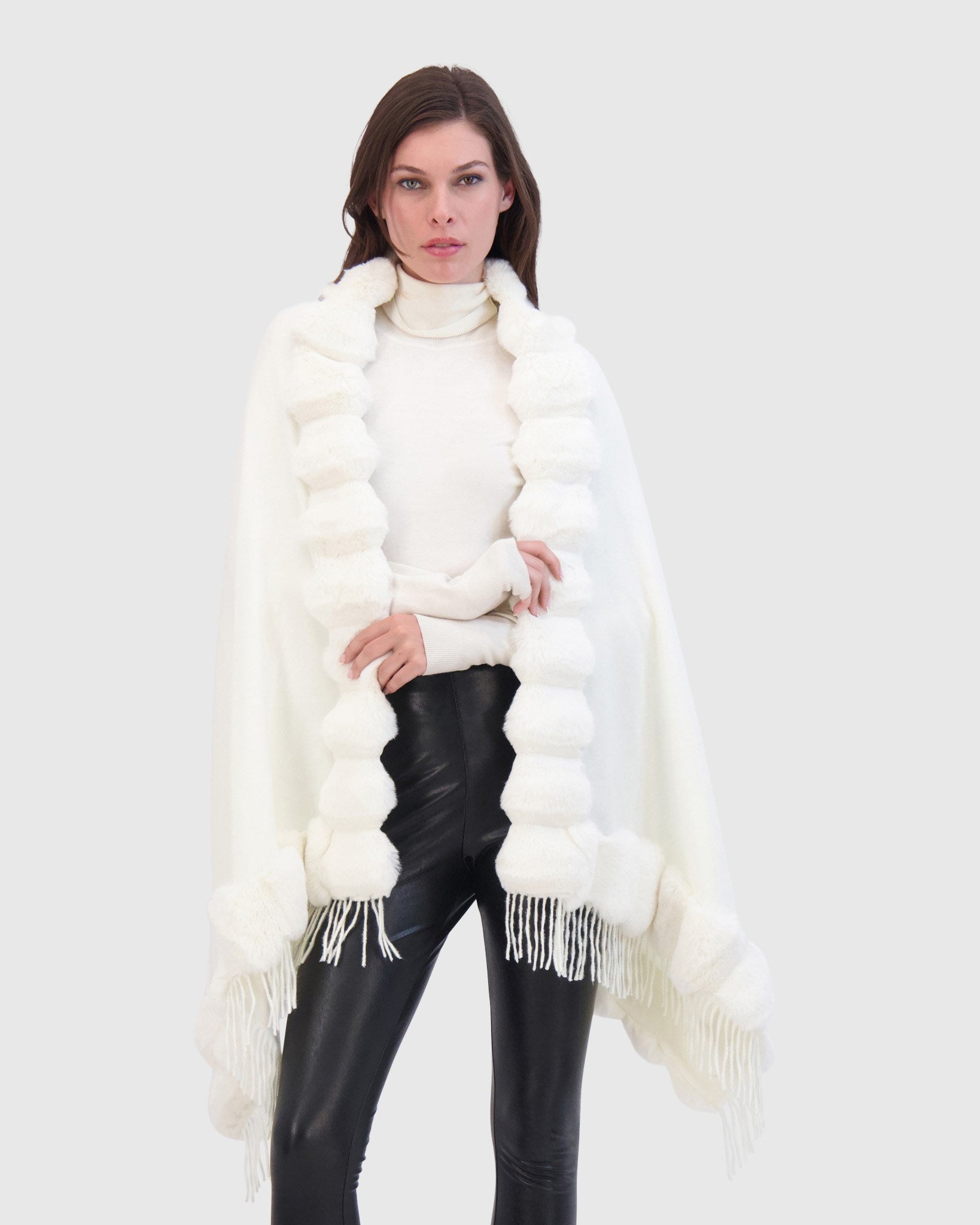 CASHMERE & WOOL BLEND CAPE WITH FUR-FREE CHINCHILLA (FAUX FUR) TRIM)