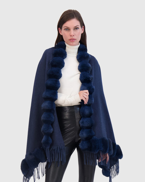 CASHMERE & WOOL BLEND CAPE WITH FUR-FREE CHINCHILLA (FAUX FUR) TRIM