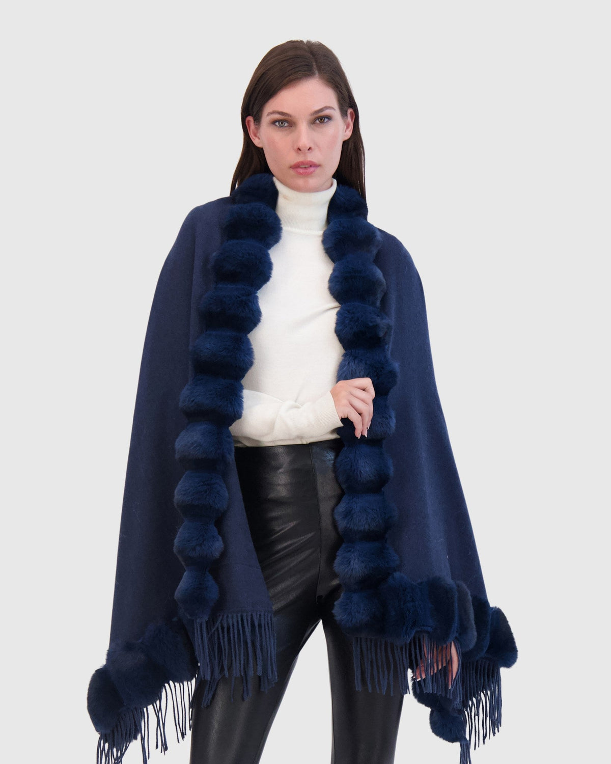 CASHMERE & WOOL BLEND CAPE WITH FUR-FREE CHINCHILLA (FAUX FUR) TRIM) - NAVY/NAVY CHINCH