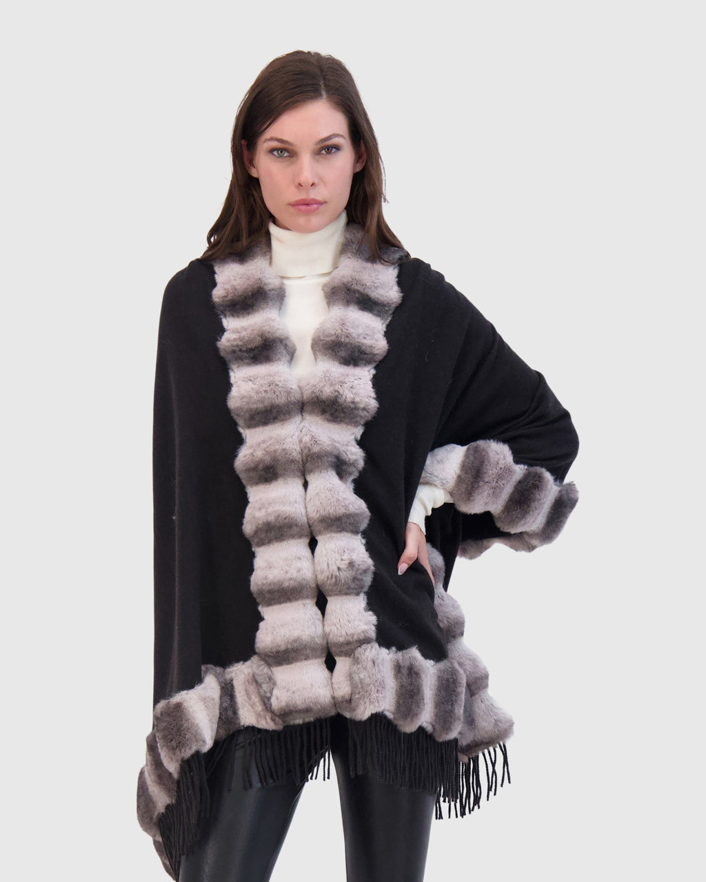 CASHMERE & WOOL BLEND CAPE WITH FUR-FREE CHINCHILLA (FAUX FUR) TRIM)