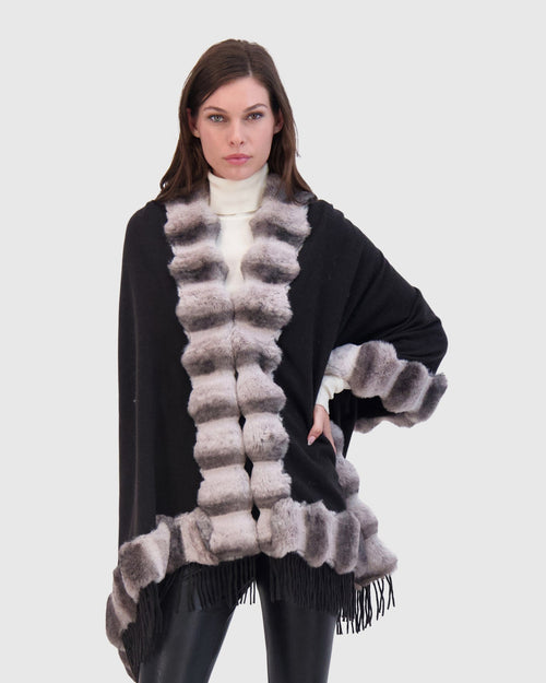 CASHMERE & WOOL BLEND CAPE WITH FUR-FREE CHINCHILLA (FAUX FUR) TRIM) - BLACK/GRAY CHINCH