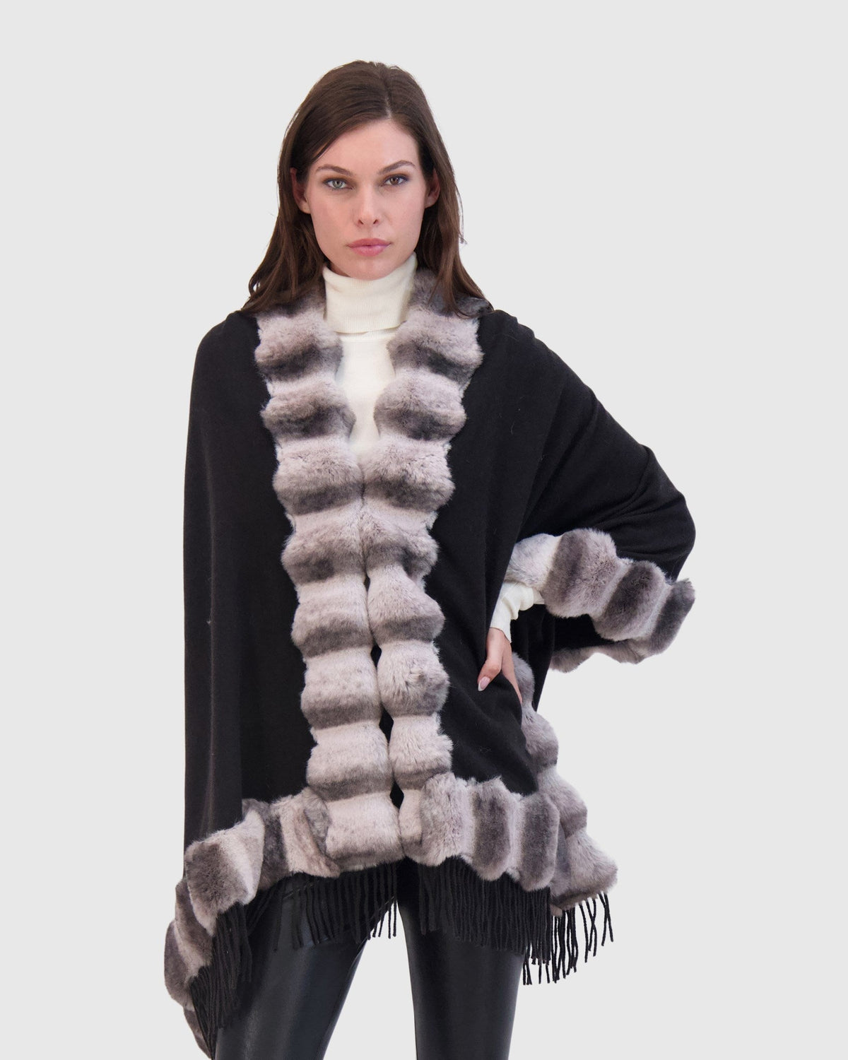 CASHMERE & WOOL BLEND CAPE WITH FUR-FREE CHINCHILLA (FAUX FUR) TRIM) - BLACK/GRAY CHINCH