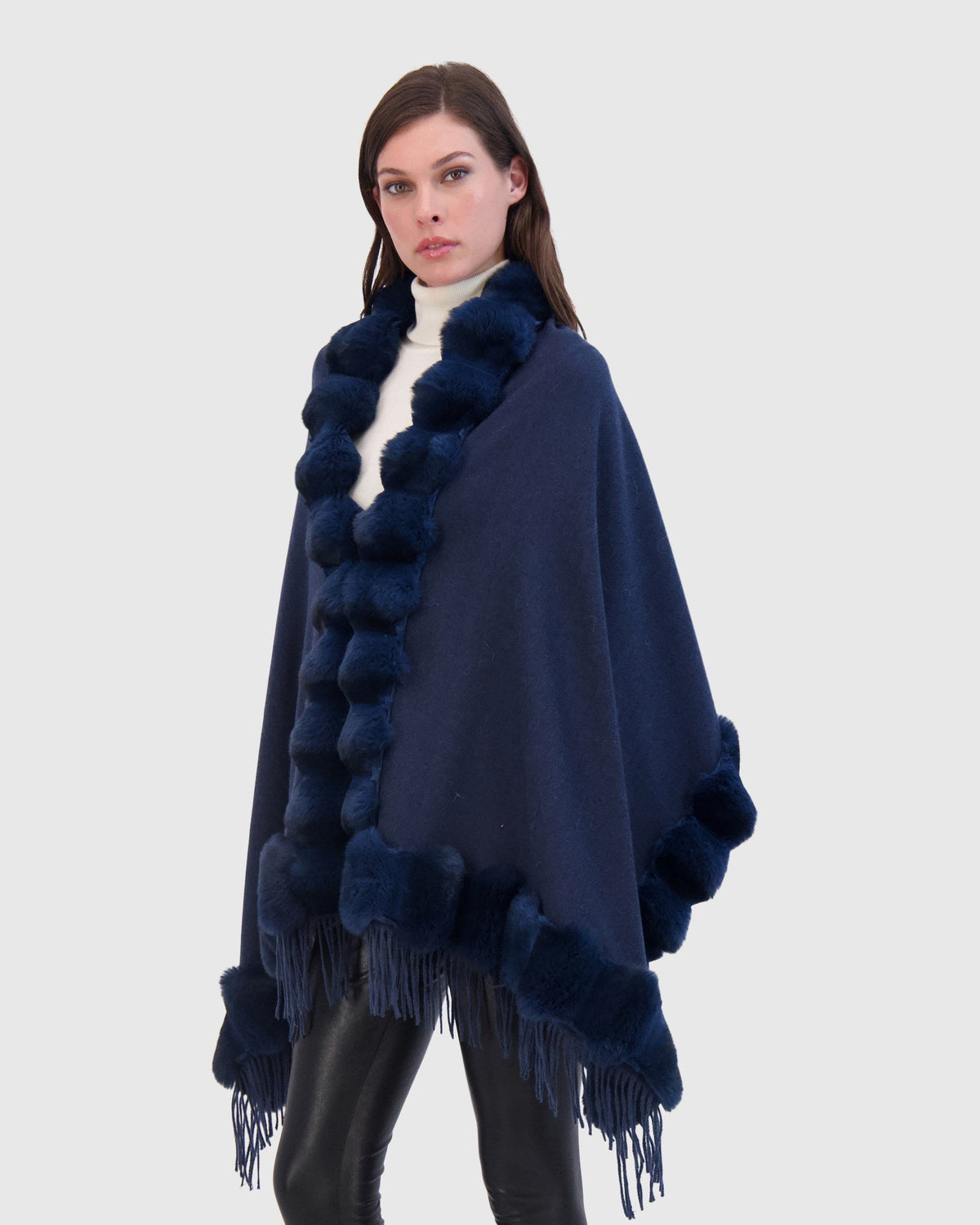 CASHMERE & WOOL BLEND CAPE WITH FUR-FREE CHINCHILLA (FAUX FUR) TRIM) - NAVY/NAVY CHINCH