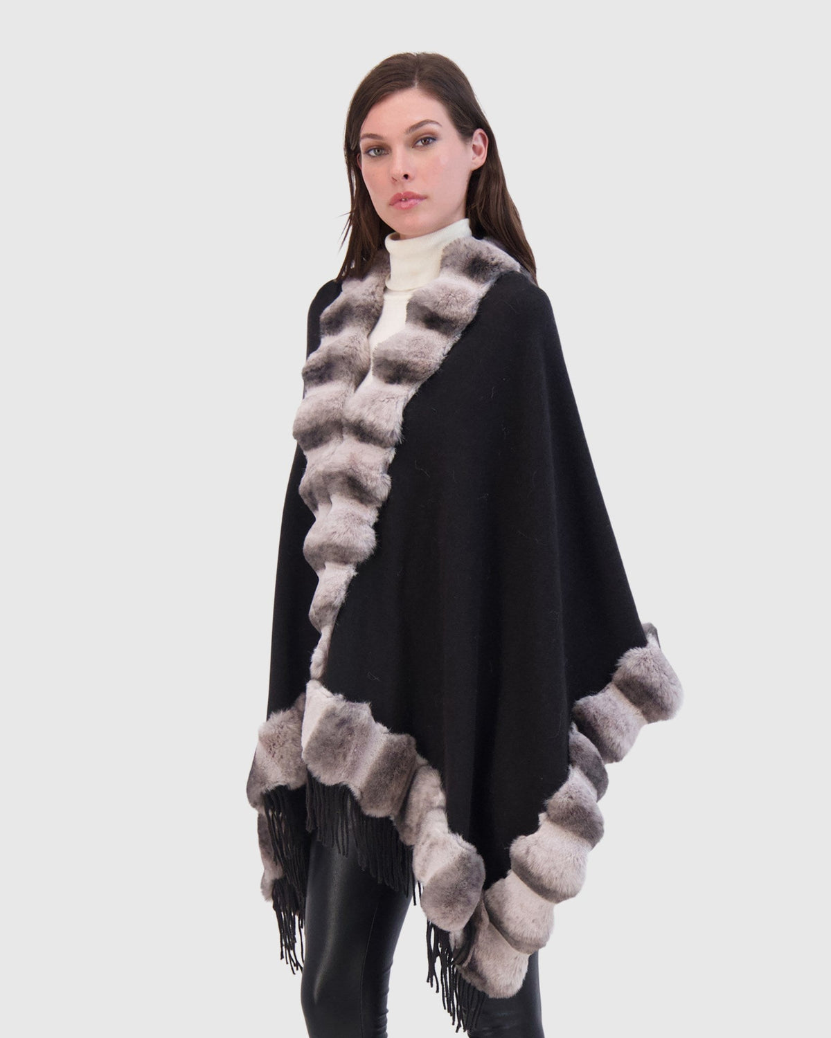 CASHMERE & WOOL BLEND CAPE WITH FUR-FREE CHINCHILLA (FAUX FUR) TRIM) - BLACK/GRAY CHINCH