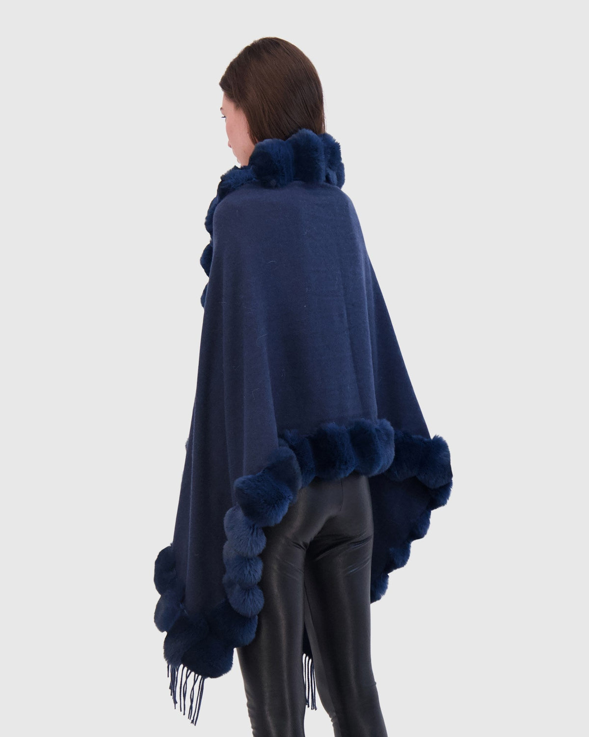 CASHMERE & WOOL BLEND CAPE WITH FUR-FREE CHINCHILLA (FAUX FUR) TRIM) - NAVY/NAVY CHINCH